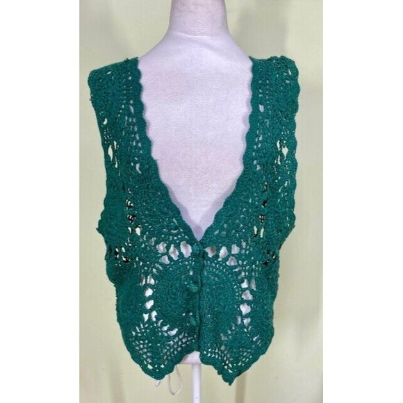 Vtg Cherry Stix Limited Womens OSFM Green Hand-Knitted Crochet Sweater Vest Boho - Picture 1 of 8